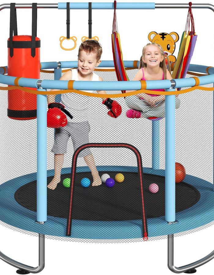 Kids’ Trampoline with Safety Net & Adjustable Gymnastics Bar